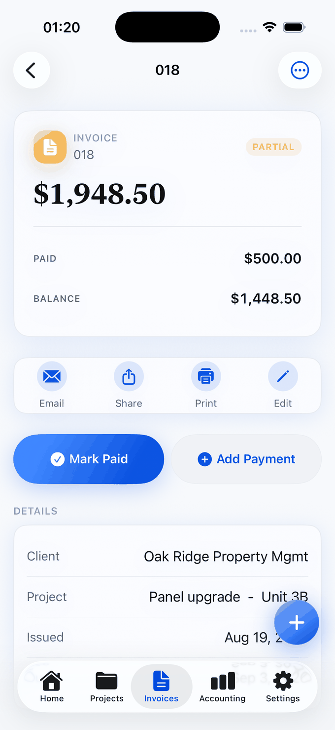 VanReceipts estimates and invoices on iPhone